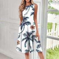 Women's Casual Fashion Floral Print Round Neck Sleeveless Midi Dress XXL