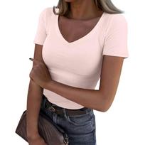 Ladies Slim Bottom T-shirt Fashion Casual Colour V-Neck Pullover Short Sleeve Top M