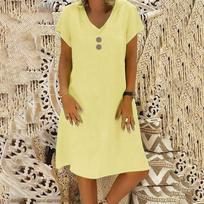 Women's Fashionable Retro V-Neck Short-Sleeve Casual Cotton-Linen Dress L armijos žalia spalva