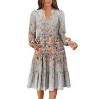 Women's V-Neck Flowing Bohemian Long Sleeve Floral Print Dress XL rožinė