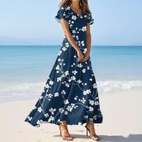 Women's Summer Casual Fashion Print Color Dresses V-Neck Short Sleeve Dresses M žalia