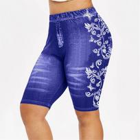 Plus Size Women High Waist Cropped Jeans Denim Stretch Shorts Jean Look Trouser L tamsiai mėlyna