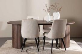 Venture Design Valgomojo komplektas Härön valgomojo stalas su Leone valgomojo kėde 200x90 cm smėlio ir mocha veliūras bei plienas