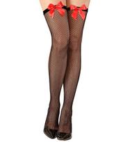 BLACK FISHNET THIGH HIGHS WITH RED SATIN BOW