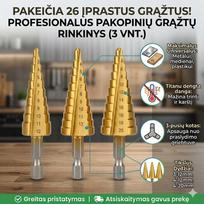 Profesionalus pakopinių grąžtų rinkinys (3 vnt.) – viena priemonė dešimtims skirtingų skylių