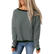 Dryžuota Medvilninė Moteriška Palaidinė Ilgomis Rankovėmis Longsleeve, Balta/Žalia, M Dydis, M