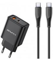 Juodas 22.5W 1xUSB-A + 1xUSB-C pakrovėjas + 100cm USB-C - USB-C laidas "Awei PD81C-EU"