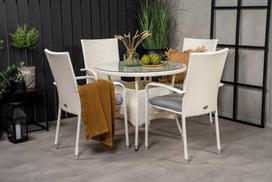 Lauko baldų komplektas Venture Design Valgomojo stalas ir fotelio komplektas Volta 90 cm baltas stiklas rotangas plienas pintas