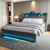 Minkšta lova 140 x 200 cm, dvigulė lova su LED apšvietimu, USB jungtimi, galvūgaliu su vieta daiktams susidėti, pakeliamu lovos pagrindu, pilka lino spalva