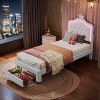 Vaikiška lova su LED apšvietimu, Crown galvūgaliu, 90x200 cm, PU, ​​​​balta