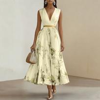 Women's Sleeveless Flower Printed Holiday Dress L smėlis