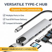 8 viename USBC šakotuvas HDMI, Ethernet, SD/TF, dvigubas USBA kelių prievadų adapteris