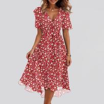 Women's Fashion Casual V Neck Short Sleeve Ruffled Vintage Printed Dresses L tamsiai žalia spalva