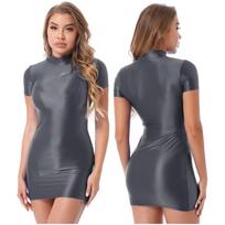 Blizgus Bodycon Suknelė Klubiniai drabužiai Moteriški Sexy Sexy Short Sleeve Mock Kaklo Alyvinis Blizgios Mini Suknelės Rave Pole Dancing Stage Drabužiai M juoda