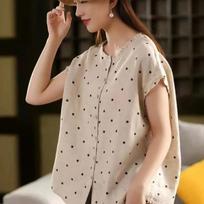 Literary Retro Polka Dot Shirt Loose Temperament Fungus Collar Single Row Shirt Cardigan Summer Top for Women S balta