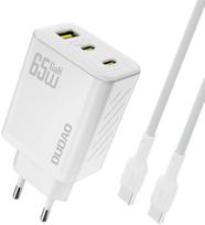 Dudao 65w Gan Usb-c įkroviklis su kabeliu, 3 prievadai, baltas