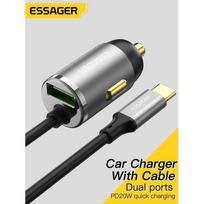 Automobilinis įkroviklis Essager "Bee" pilkas 20W (1xQC3.0) + integruotas "Type-C" laidas