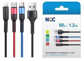 USB laidas NCC lightning+micro+USB-C (60W) 1m juodas