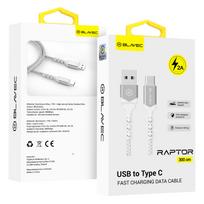 "Blavec" kabelis "Raptor", pintas - USB-C tipo - 2A, 3 metrai, "Apple CarPlay"/"Android Auto" (CRA-UC2WS30), baltai sidabrinis