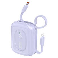 Dudao K32 22.5W 10000mAh išorinė baterija su įmontuotu USB-C / Lightning kabeliu - violetinė