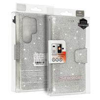 Glitter Magsafe knygos stiliaus dėklas Samsung Galaxy S22 Ultra sidabrinis