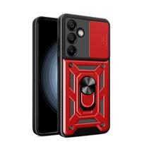 Hibridinis šarvas Camshield su kameros dangteliu ir metaliniu žiedu Samsung Galaxy S25+ - raudonas