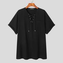 INCERUN Vasaros medvilniniai lininiai vyriški retro trumpomis rankovėmis suvarstomi laisvi vienspalviai marškinėliai 3XL balta
