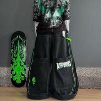 RogueWave Mada Vyrai Moterys Tendencija Hip Hop Didelė Kišenė Plačios Kelnės Vintage Skalbtos Aukštosios Gatvės Laisvos Džinsinės Kelnės Juodos Spalvos Skiautinės Kelnės S