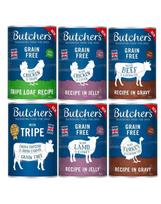 BUTCHER'S Original Mixed Flavours 400g padaže (jautiena, kalakutiena) želė (vištiena, ėriena) paštete (rūkyta, vištiena ir rūkyta)
