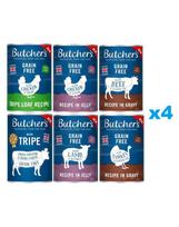 BUTCHER'S Original Mix24x400g skoniai padaže (jautiena, kalakutiena) želė (vištiena, ėriena) paštetas (raugintas, vištiena ir raugintas)