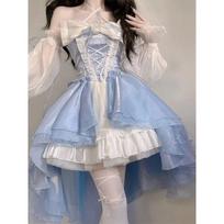 Elegantiška mergaitiška Cosplay princesė su pūkuotomis rankovėmis juostele, gėlėmis, tunika, tinkline fantastiška pasakų Lolita suknelė moterims XXL mėlyna