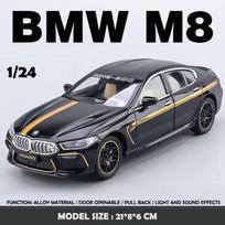 2024 m. Naujasis 1 modeliavimas:24 BMW M8 Supercar lydinio automobilio modelio garsas ir šviesa, atitraukiami atgal, liejami vaikų žaislų kolekcionieriai, gimtadienio dovana juoda