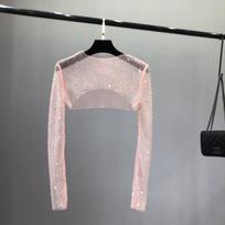 AB spalvos prancūziškas bolero: Tinklinis deimantinis apsaugos nuo saulės šalis, vasarinis plonas stilius, moteriškas pusrankovis viršutinis drabužis su derančia suknute ant petnešėlių. One Size rožinė