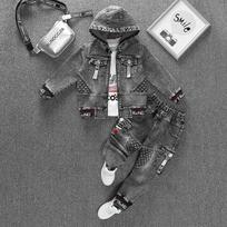 Vaikiški drabužiai berniukams Pavasarinis kostiumas Džinsinis berniukiškas švarkas kelnės Dviejų dalių kostiumas 110 juoda