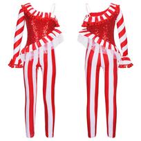 Vaikams mergaitėms Candy Cane kalėdinis šokių kombinezonas Unitard, vieno peties, Kalėdų šventės Kalėdų senelio mielasis kostiumas 3-4 Years raudona