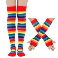 Moteriškos šlaunų kojinės, rankovės, rankovės, pirštinių rinkinys moterims, juodai baltai, dryžuotos, ilgos virš kelių, kojinės Cosplay Lolita raudona