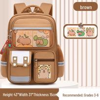 Didelės talpos miela kapibaros kuprinė pradinių klasių berniukams ir mergaitėms (1-6 klasės) su nugaros apsauga Backpack + 3 Cards + Keychain ruda didelė spalva
