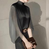 Dopamine French Black Chiffon Shirt Women's Long Sleeved Autumn New Beautiful Small Shirt Western-style Unique and Chic Top S juoda