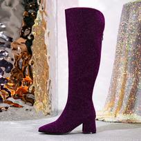 Madingi Liyke Podiumo Mados Blizgučių Ilgi Auliniai Batai Moterims Violetiniai Smailūs Užtraukiami Batai Virš Kelio Ruduo Žiema Žemi Kulniukai 36 violetinė