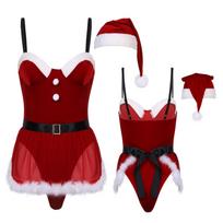 Moteriškas kalėdinis apatinio trikotažo kostiumas Velvet Bodysuit su prijuoste Hat Holiday Party Kalėdų kostiumas L raudona