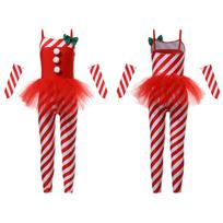 Mergaičių „Candy Cane“ kostiumas Kalėdų Senelis Kalėdų berankovių juostelių spausdinimas Tulle Peplum ilgas kombinezonas su rankovėmis 5-6 Years raudona