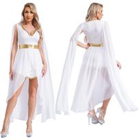 Moterų Helovino Cosplay teminė Graikijos princesės karalienės suknelė Moteriška suknelė su V kaklu, rankovėmis su blizgučiais, perskelta suknele, Cosplay kostiumas, romėniška Toga M balta