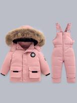 Aksominis žiemos komplektas: Sustorinti pūkiniai kombinezonai kūdikiams ir mažiems vaikams, 1-5 metai - 2 dalių apranga 110 cm rožinė