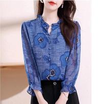 Spring New Fashion Printed Fungus Stand Collar Chiffon Shirt Women's Nine-quarter Sleeves Fashionable and Versatile Age-reducing Shirt M mėlyna