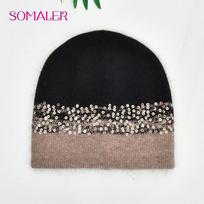 SOMALER Žieminės kepurės moterims Šilta megzta kepurė iš angoros vilnos Madinga kepurė su blizgučiais Stora ilga triušio kailio kepurė kaukolė Bonnet One Size juoda