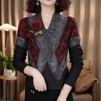 Women Clothing Autumn Winter Stylish Vintage 3D Flower Printed Thick Basic T-shirt Elegant V Neck Long Sleeve Slim Pullover Tops XL raudona