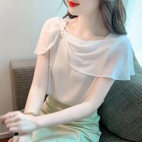 Women Clothing Summer Fashion Rhinestone Elegant Blouses Ruffles Sweet Chic Short Sleeve Shirts Female Casual Solid Fairy Tops S rožinė