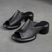 „Johnature Peep Toe“ šlepetės vienspalvės vintažinės natūralios odos aukštakulniai Patogūs paprasti moteriški batai 37 juoda