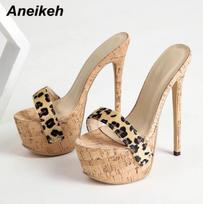 Aneikeh Sexy Leopard Platformos sandalai Aukštakulniai 2024 m. vasaros šlepetės Mules Moterų madingi kojos pirštai slydimo klubo bateliai 39 šokoladas
