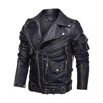 3D stereo daug kišenių užtrauktuku Biker odinė striukė, 2021 m. vintage stiliaus, Europos dydis XXL juoda